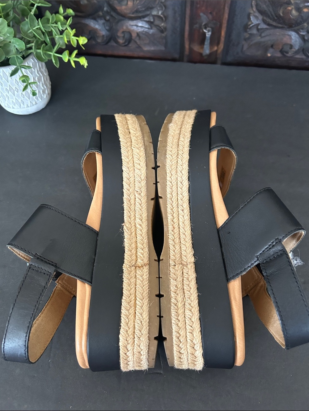 UGG Black Leather Platform Espadrille Sandals with Silver Buckle - Picture 7 of 15